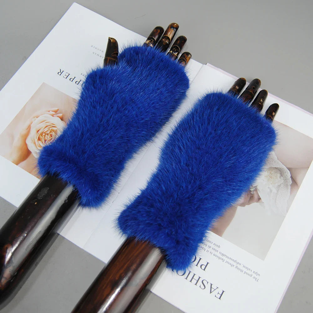 Chic half-finger knitted gloves for women featuring luxury mink fur, perfect for fashionable winter wear.