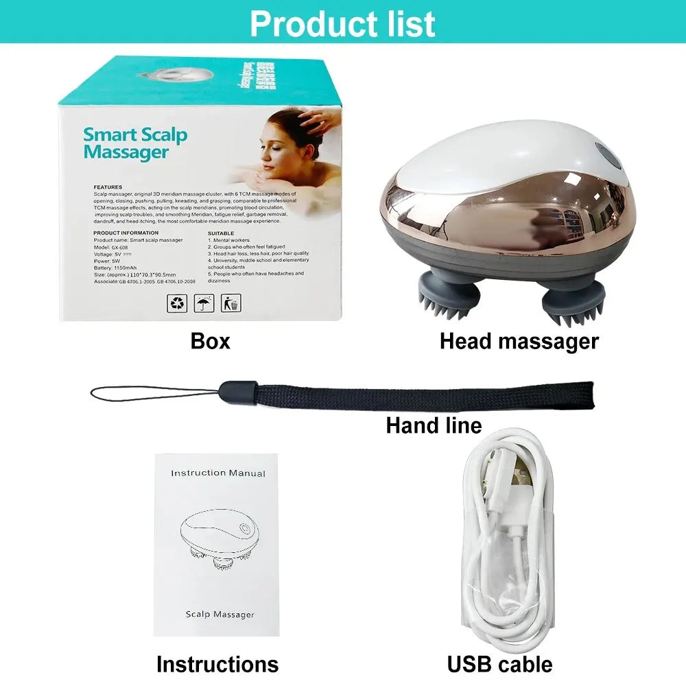 Sophisticated electric head massage device, made with high-quality materials for luxury appeal, designed to enhance scalp health and hair vitality.