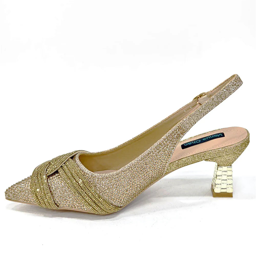 Chic Venus Chan handbag matching champagne rhinestone slingback heels, perfect for sophisticated events.