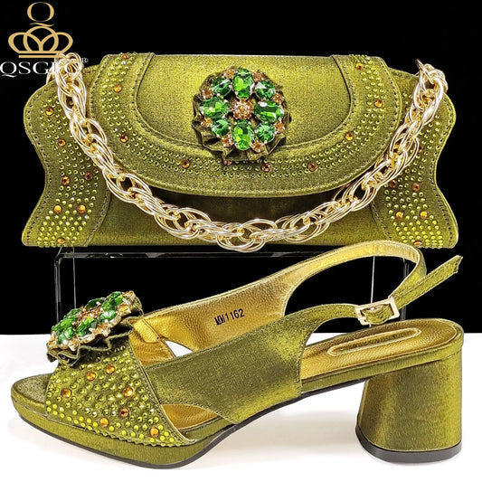 QSGFC Olive Open Toe Diamond Pumps for Women by Hot Trends Area, featuring elegant rhinestone detail and a comfortable buckle strap.