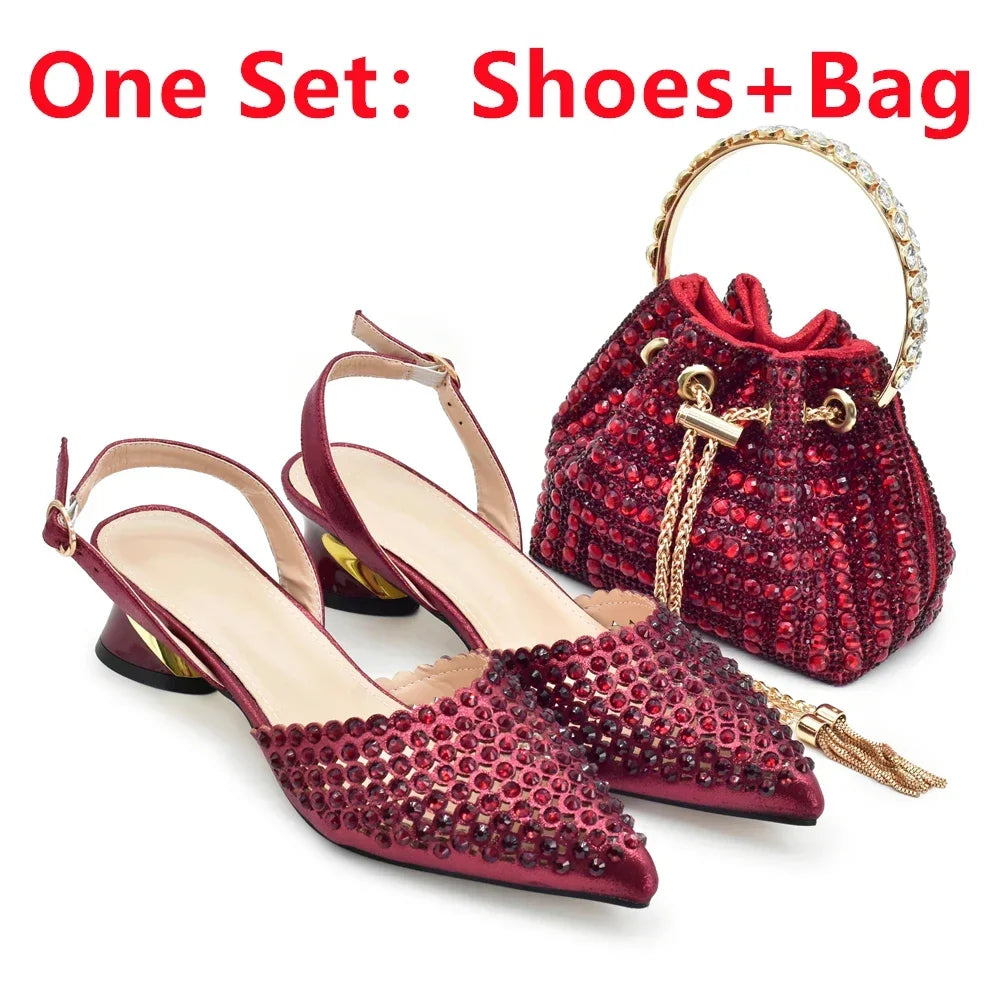 Matching handbag set with Italian rhinestones, perfectly coordinating with luxury women’s pumps from Hot Trends Area.