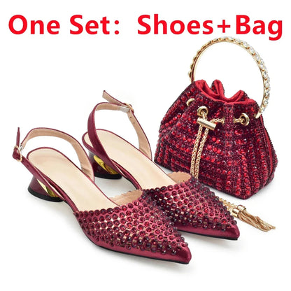 Matching handbag set with Italian rhinestones, perfectly coordinating with luxury women’s pumps from Hot Trends Area.
