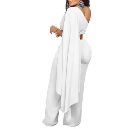 Elegant one-shoulder high waisted jumpsuit for women, featuring flying sleeves and crafted from luxurious polyester.