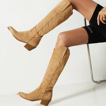Elegant brown PU leather knee high pointed toe knight boots for women, featuring a stylish Western cowboy design. Perfect for a luxurious look, these modern slip-on boots are suitable for spring and autumn, available in sizes 33-49.