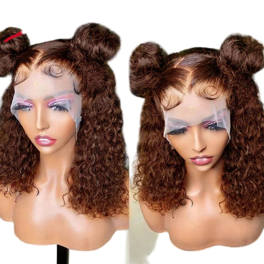 Luxurious Brazilian deep curly bob wig showcasing natural black and brown 4/27 colour, made from premium Remy human hair with HD lace front for a seamless look.