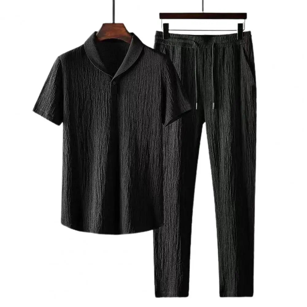 Elegant 2-piece summer men's casual suit, featuring an elastic waistband, luxurious short sleeve shirt paired with stylish long pants, perfect for relaxed summer outings.