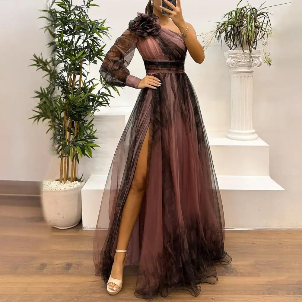 Elegant Women's One Shoulder Pleated A-Line Evening Dress in sophisticated chiffon with a stylish slit and long sleeve, perfect for formal events.