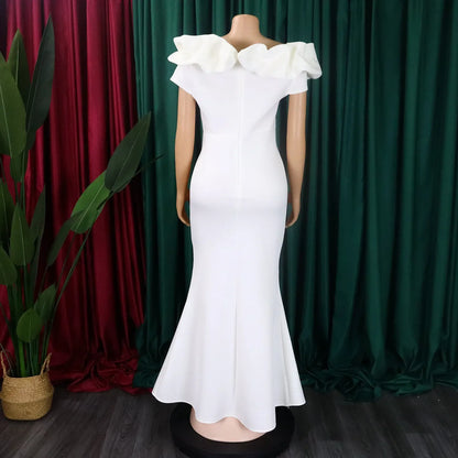 Close-up of the off shoulder mermaid dress highlighting exquisite ruffle decoration, crafted from high-quality polyester for a comfortable fit.