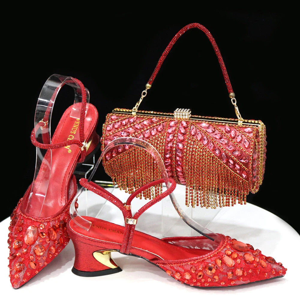 Elegant lace high heels designed for women, paired beautifully with a luxe handbag, perfect for any celebration.