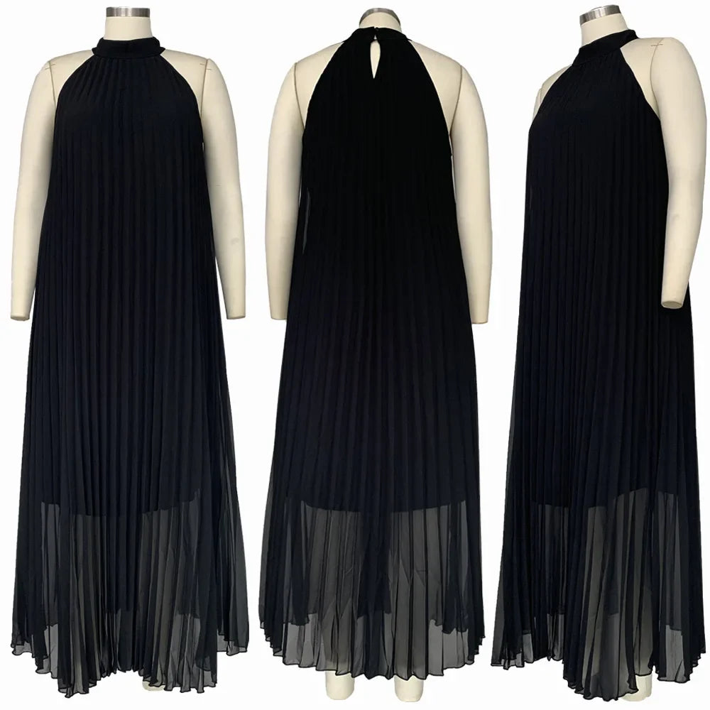Stylish Plus Size A-Line Halter Maxi Dress with sleeveless design, crafted for elegance and comfort in evening wear.