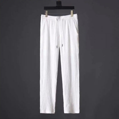 Sophisticated long pants for men with an elastic waistband, part of a luxury casual summer suit set.
