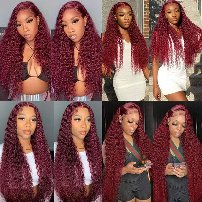 Luxurious 99J Burgundy Curly Lace Front Wig, 26 inch Deep Wave Brazilian Human Hair - Perfect for Elegant Styles.