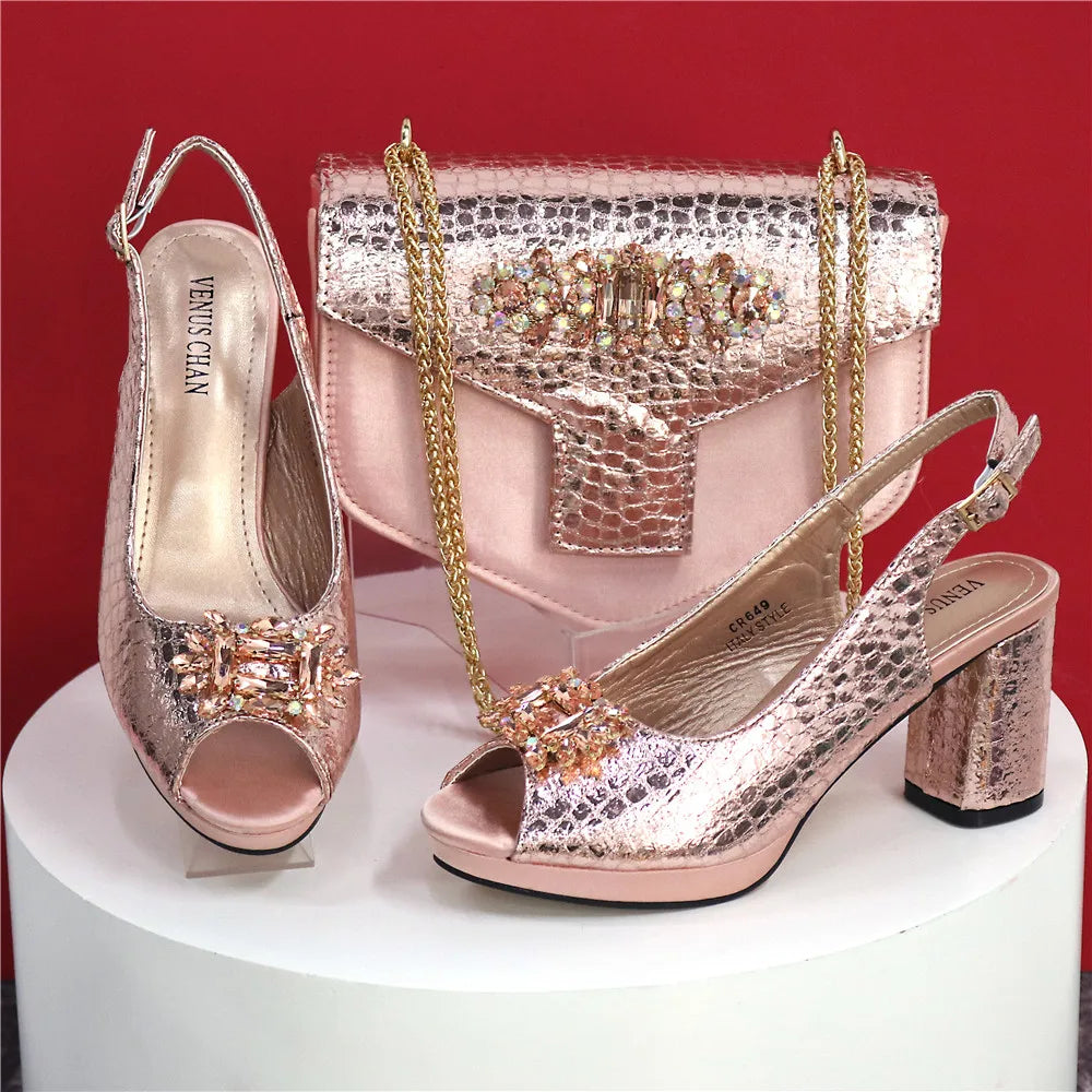 Elegant women's open toe heels set with sparkling rhinestone detailing in luxurious coffee gold colour, ideal for special occasions.