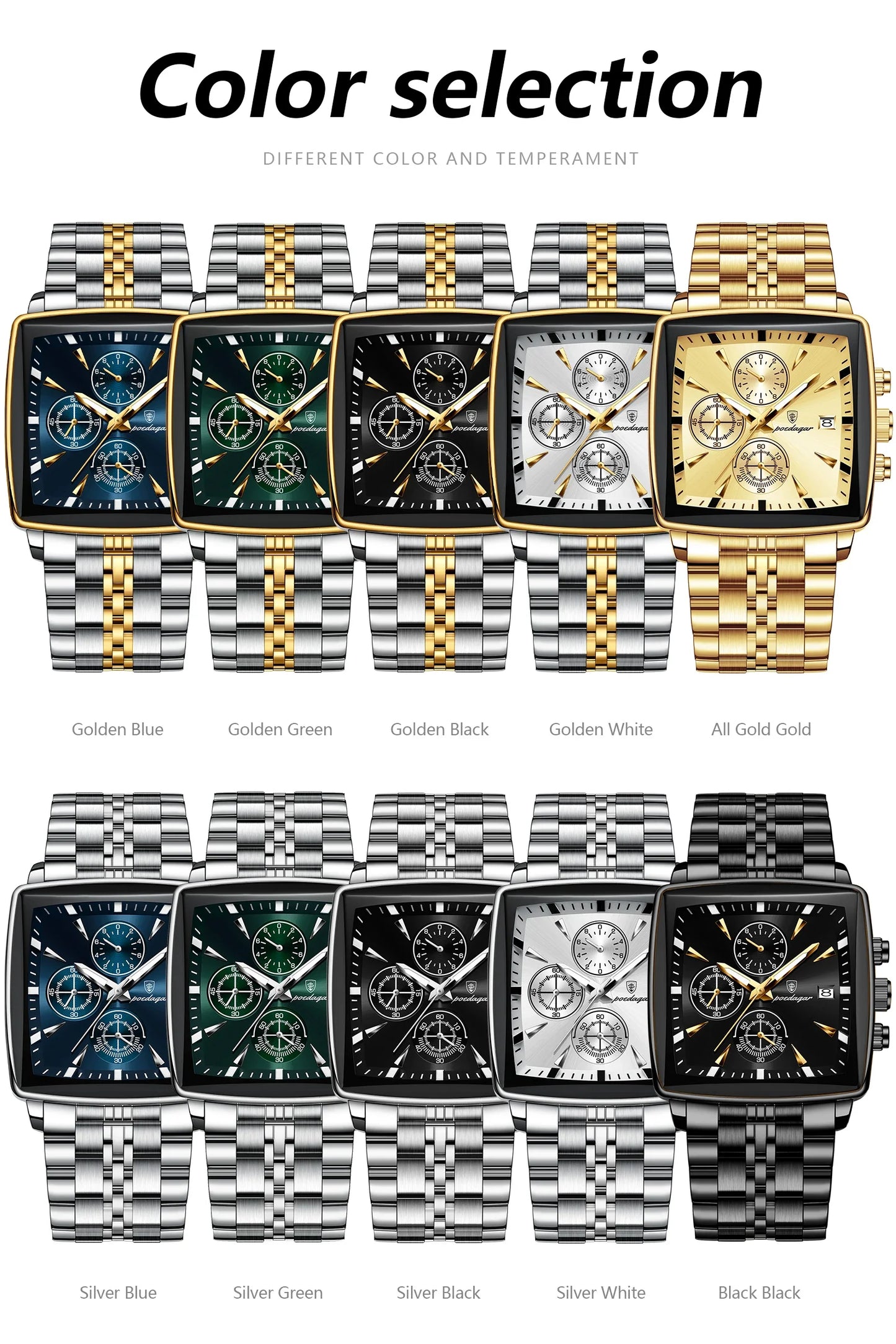 Luxury men's luminous wristwatch featuring a square stainless steel case and waterproof chronograph, designed for elegance and durability.