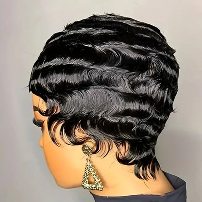 Luxury short brown pixie wave human hair wig, featuring curly Remy Brazilian hair, ideal for an elegant hairstyle.