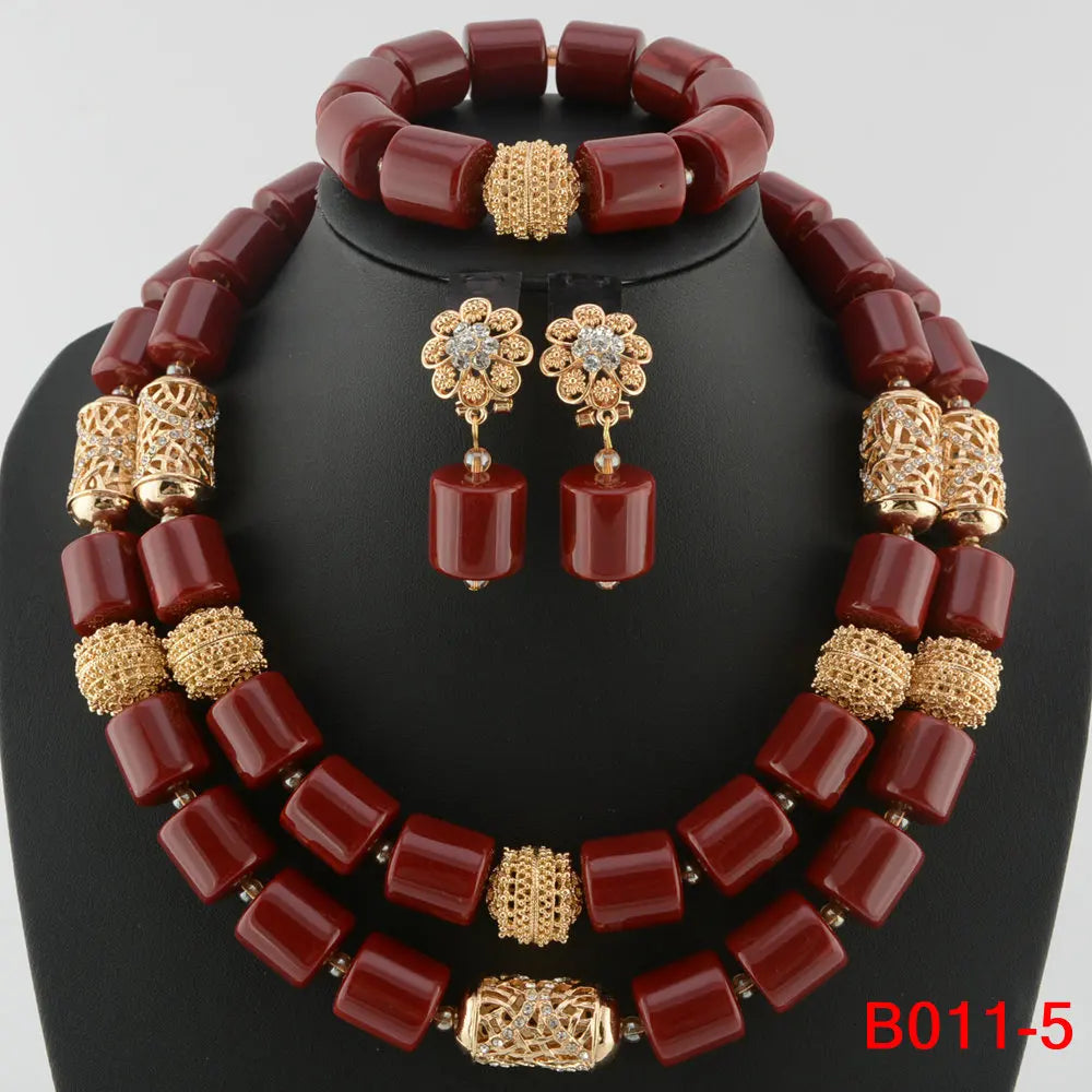 Complete elegant African wedding jewelry set showcasing a luxurious combination of necklace, earrings, and bracelet with stunning resin beads.
