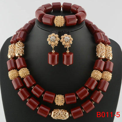 Complete elegant African wedding jewelry set showcasing a luxurious combination of necklace, earrings, and bracelet with stunning resin beads.