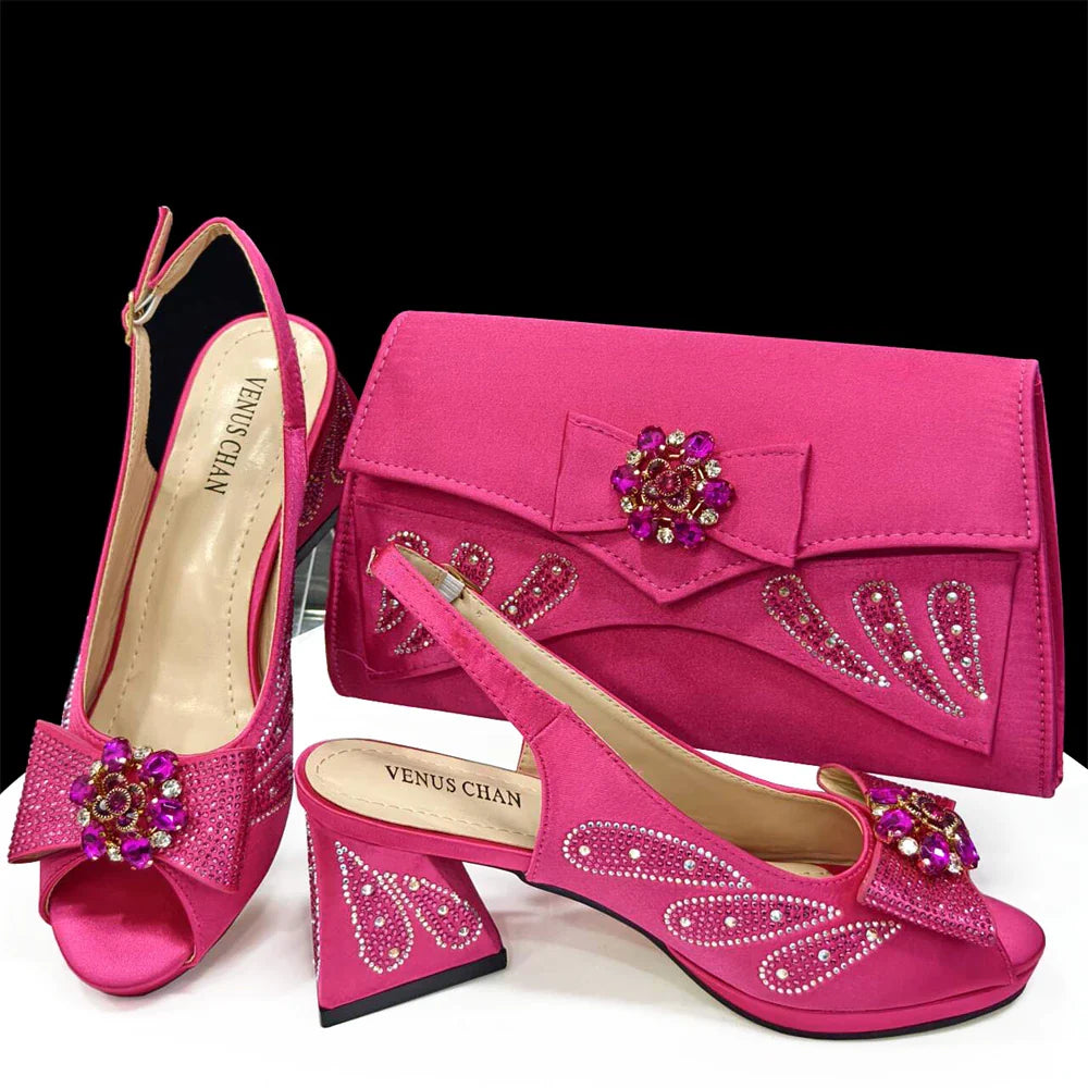 Fashion-forward purple peep toe high heels and bag set for women by Venus Chan, designed for ultimate comfort and style at every special occasion.
