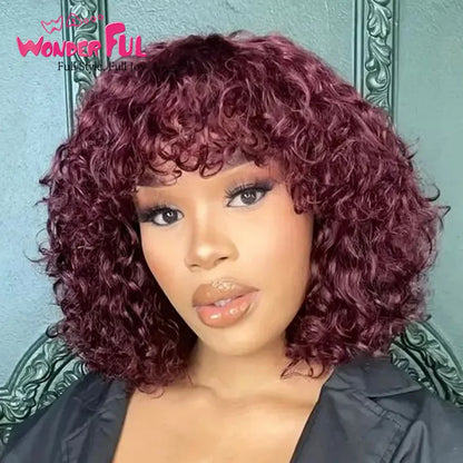 Model wearing a Luxury Brazilian Jerry Curl Bob Wig with bangs, showcasing its stunning curls and flattering silhouette for Black women's fashion.