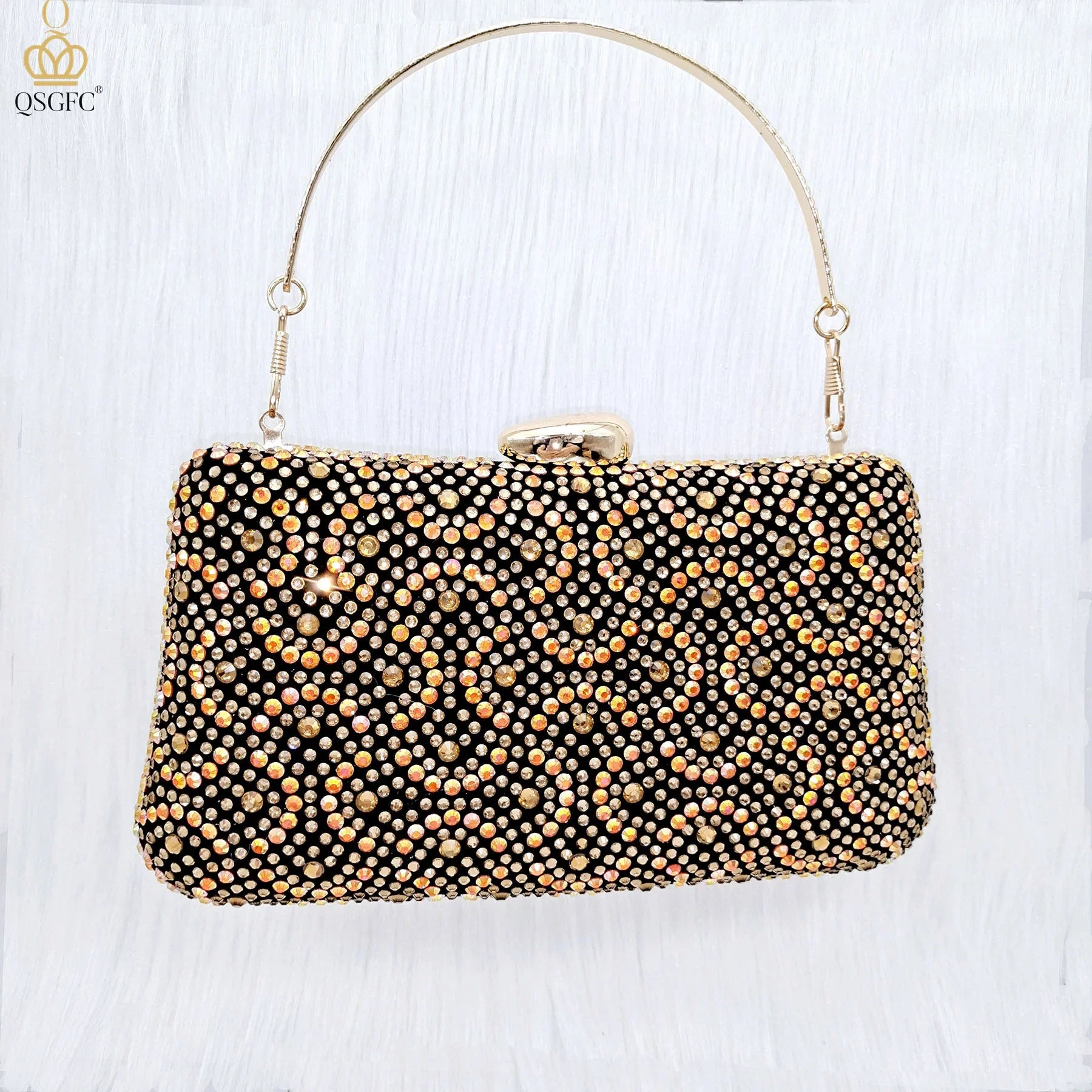 Close-up of QSGFC Italian Gold High Heel Sandals with exquisite crystal embellishments, ideal for weddings and upscale events, embracing luxury style.