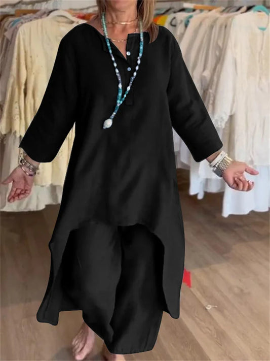 Stylish women’s Cotton Linen Suit in a classic loose fit with V-Neck and three quarter sleeves, designed for a chic office attire.