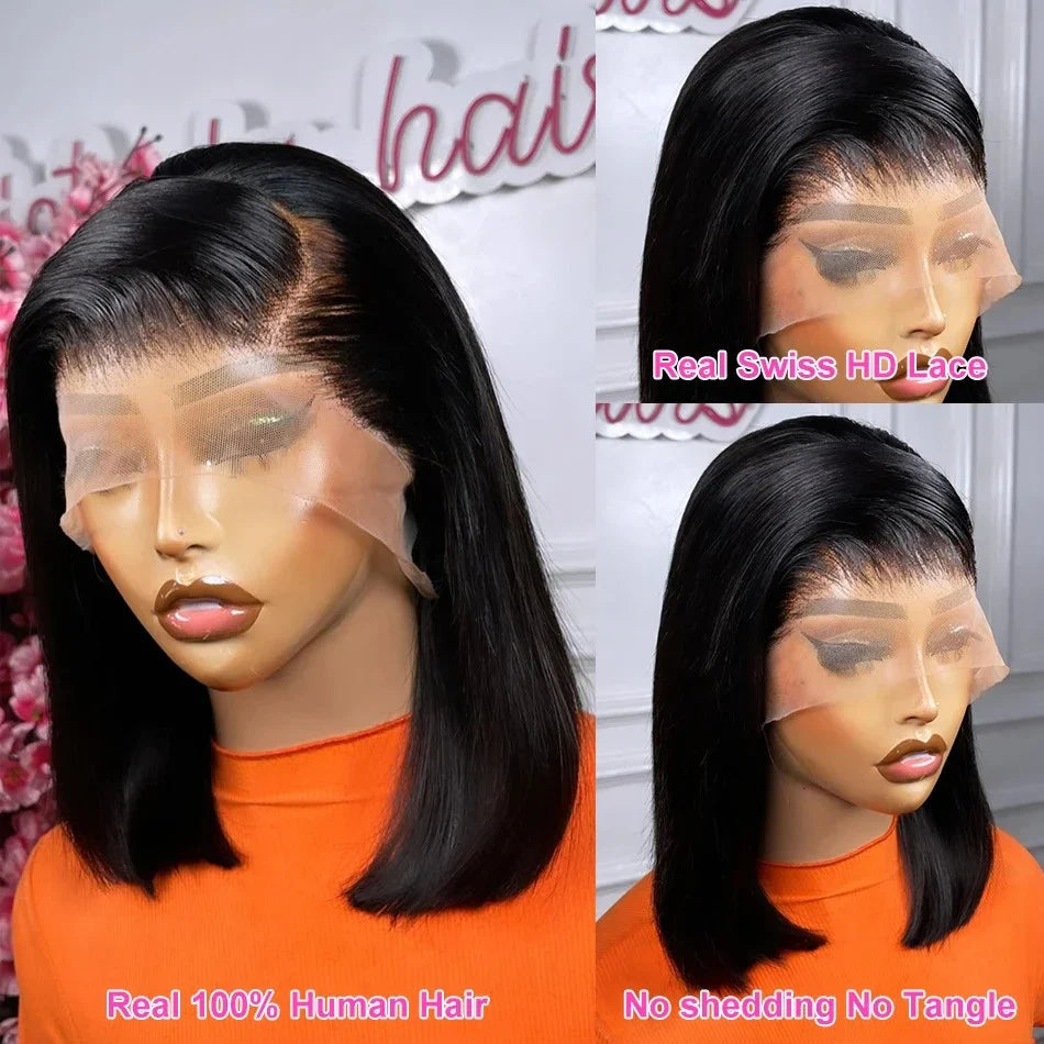 Luxurious 16-inch Vietnamese super double drawn bone straight bob wig with 13x4 lace frontal, crafted from natural black human hair, perfect for elegant black women.