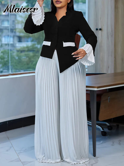 Classy 2 piece ensemble featuring Mlaiscsr V-neck top and wide leg pants set, exuding luxury and style.