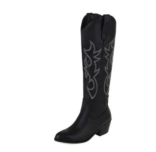 Elegant brown PU leather knee-high boots for women featuring a pointed toe and stylish western cowboy design, perfect for luxurious outfits.