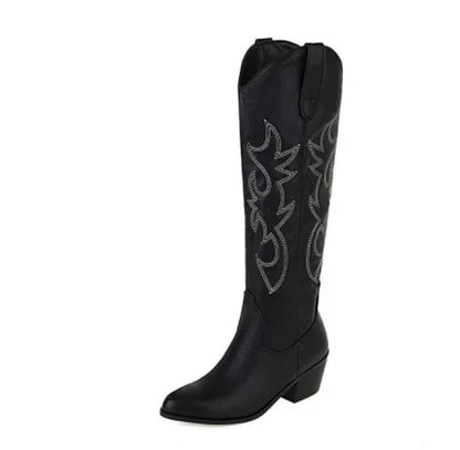 Elegant brown PU leather knee-high boots for women featuring a pointed toe and stylish western cowboy design, perfect for luxurious outfits.