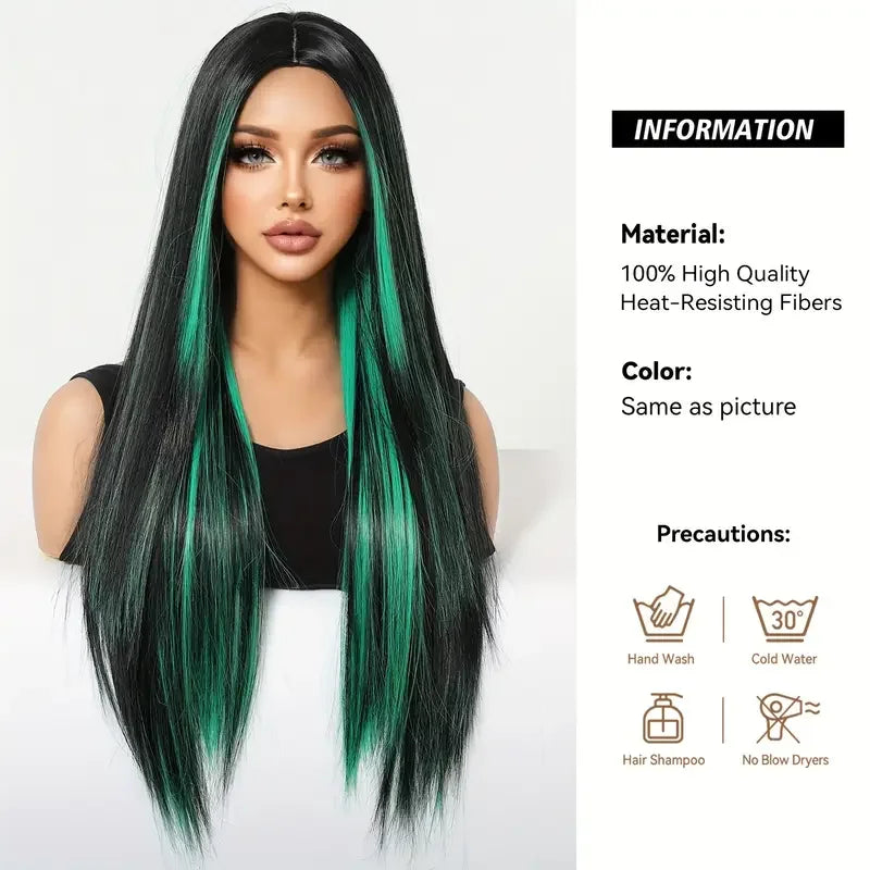 Stunning long synthetic wig with bangs, designed for fashionable women seeking vibrant colour and versatility.
