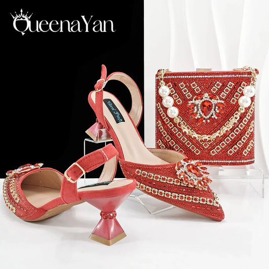 Stunning red women’s heels from Queena Yan featuring elegant rhinestone chain decoration, perfect for parties and special occasions, sizes 38-43.
