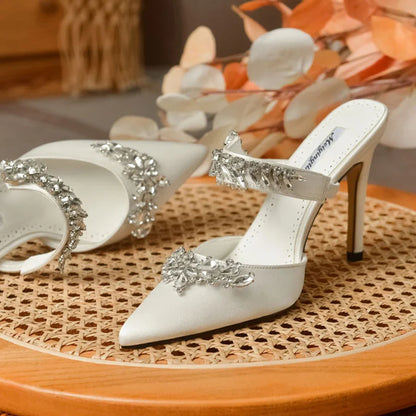 Stylish low heel pointed stiletto mules sandals for women, crafted from high-quality silk with sparkling rhinestones, ideal for a sophisticated summer look.