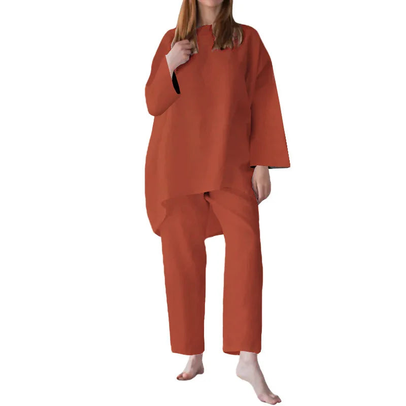 Stylish women’s outfit featuring an o-neck blouse and calf-length trousers, ideal for creating a sophisticated look for middle-aged women.