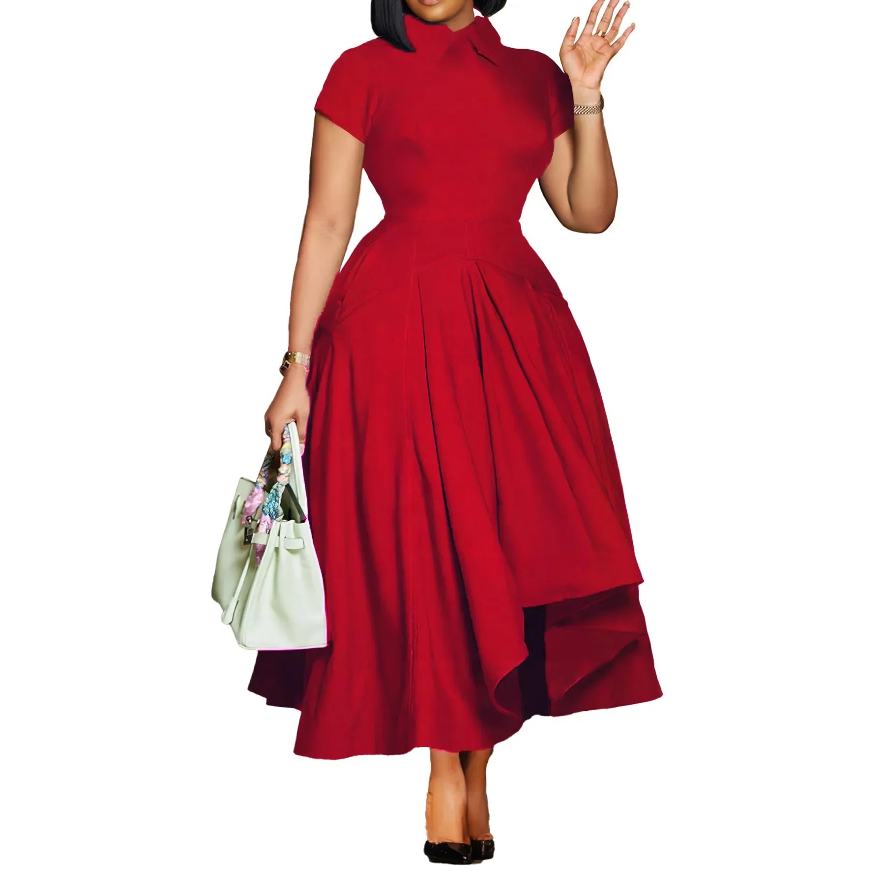 Elegant Women's Pleated A-Line Church Dress from Hot Trends Area, showcasing a stylish Peter Pan collar and short sleeves, perfect for summer elegance.