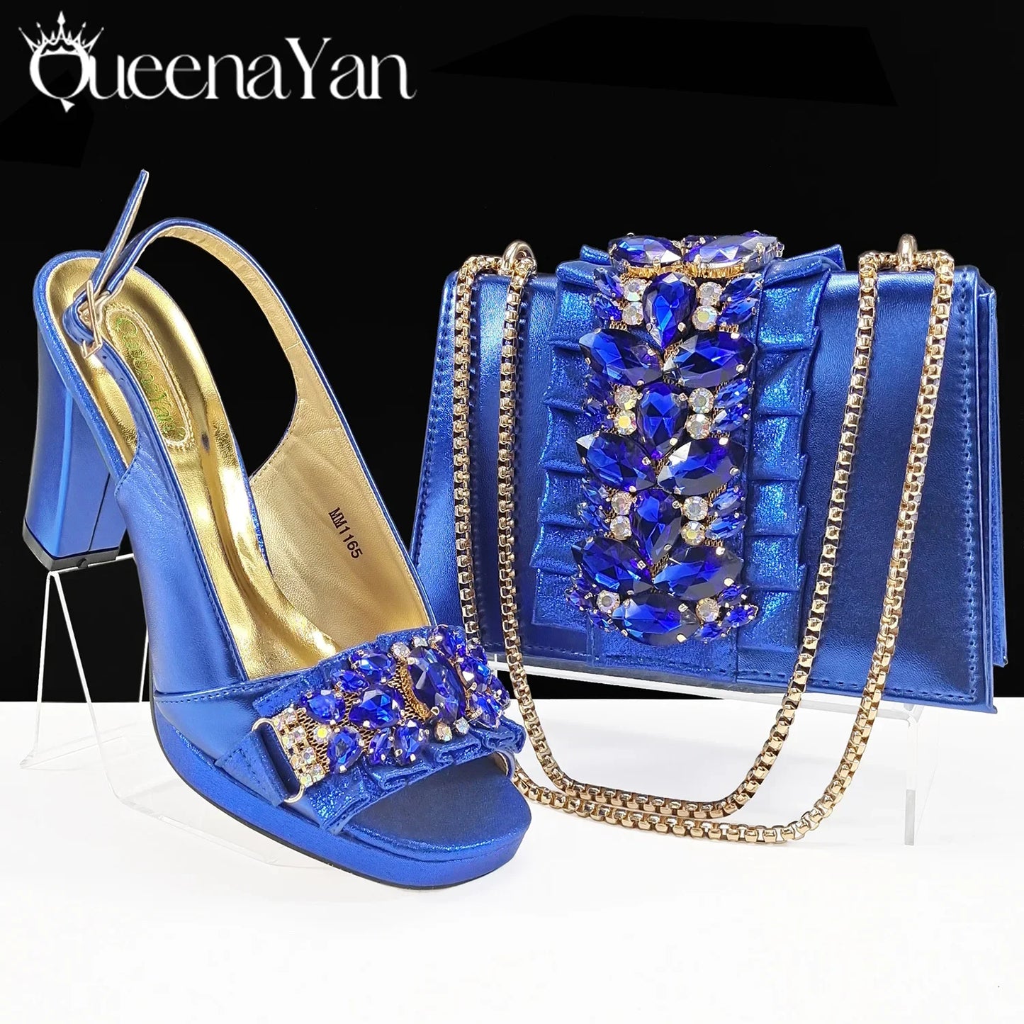 Queena Yan luxurious gold high heels with rhinestone embellishments, perfect for elegant parties, available in Europe sizes 38-43.