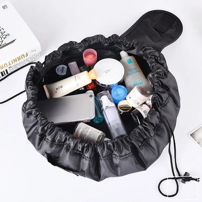 Elegant luxury women's portable travel makeup storage bag in large capacity with drawstring design, perfect for stylish organisation on-the-go.