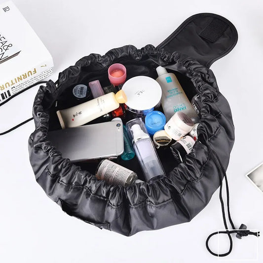 Elegant luxury women's portable travel makeup storage bag in large capacity with drawstring design, perfect for stylish organisation on-the-go.