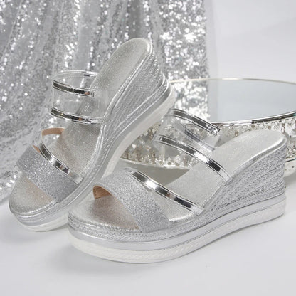 High heel wedge sandals with bling detailing and a modern open design, ideal for stylish women looking for elegance and comfort.