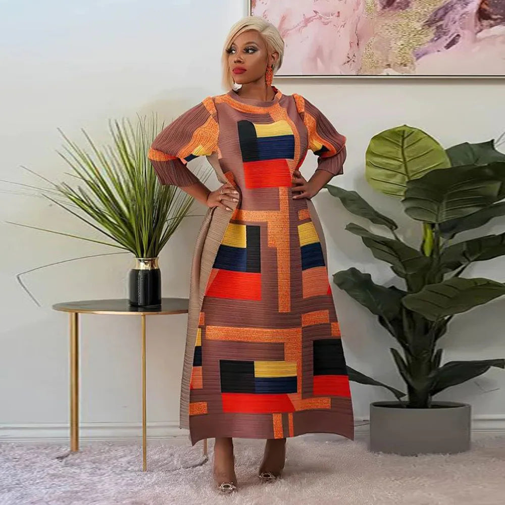 Luxurious African Plus Size Long Dress with 3/4 Sleeves, featuring a striking army green shade and traditional design.