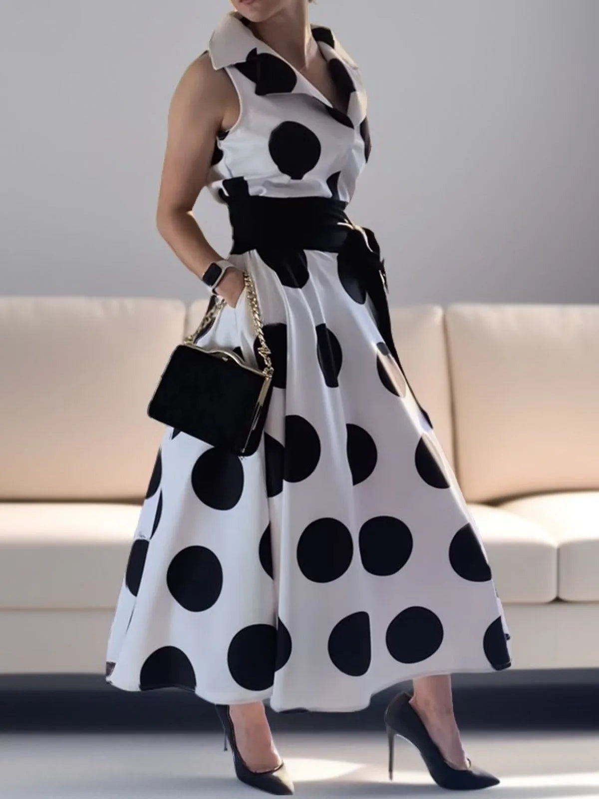 Close-up of Modigirl's exquisite Polka Dots pattern on a sleeveless ankle-length dress, showcasing detailed fabric texture and elegant notched neckline, ideal for sophisticated occasions.