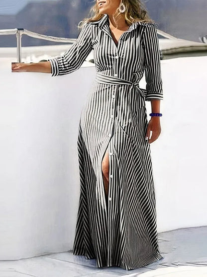 Elegant women’s autumn lace-up shirt dress with striped print, showcasing a turn-down collar and full sleeves, perfect for sophisticated office style.