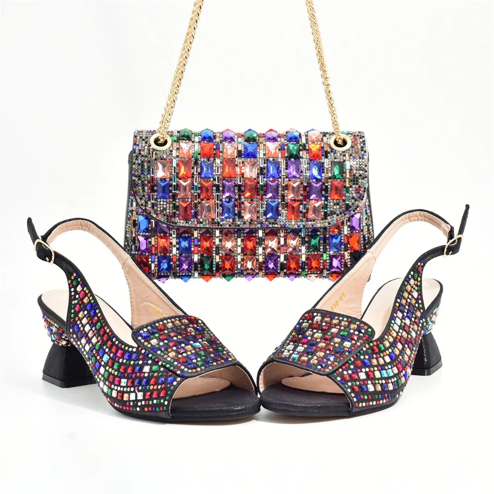 Luxurious women's Italian high heel pumps adorned with rhinestones, elegantly paired with a matching handbag, perfect for upscale events.