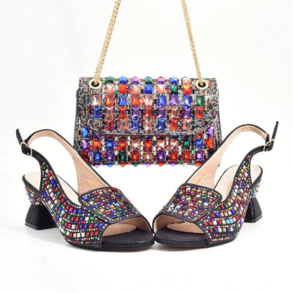 Luxurious women's Italian high heel pumps adorned with rhinestones, elegantly paired with a matching handbag, perfect for upscale events.