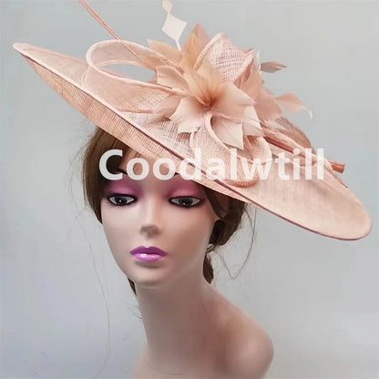 Luxury women’s fascinator hat in solid linen with intricate feather embellishments, ideal for formal events and elegant gatherings.