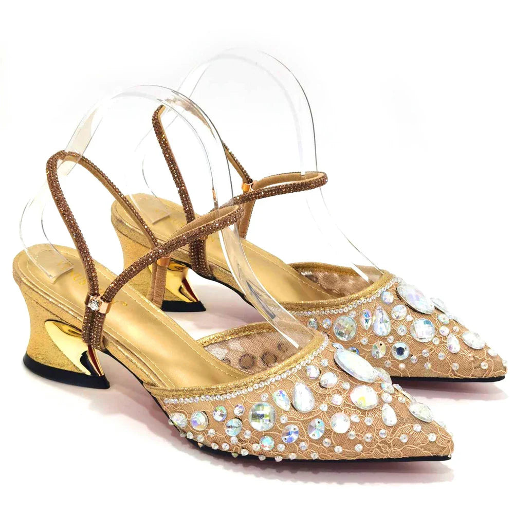 Luxury Women's Italian designer green lace shoe crafted with diamond embellishments, showcasing pointed toe and spike heels, perfect for elegant occasions.