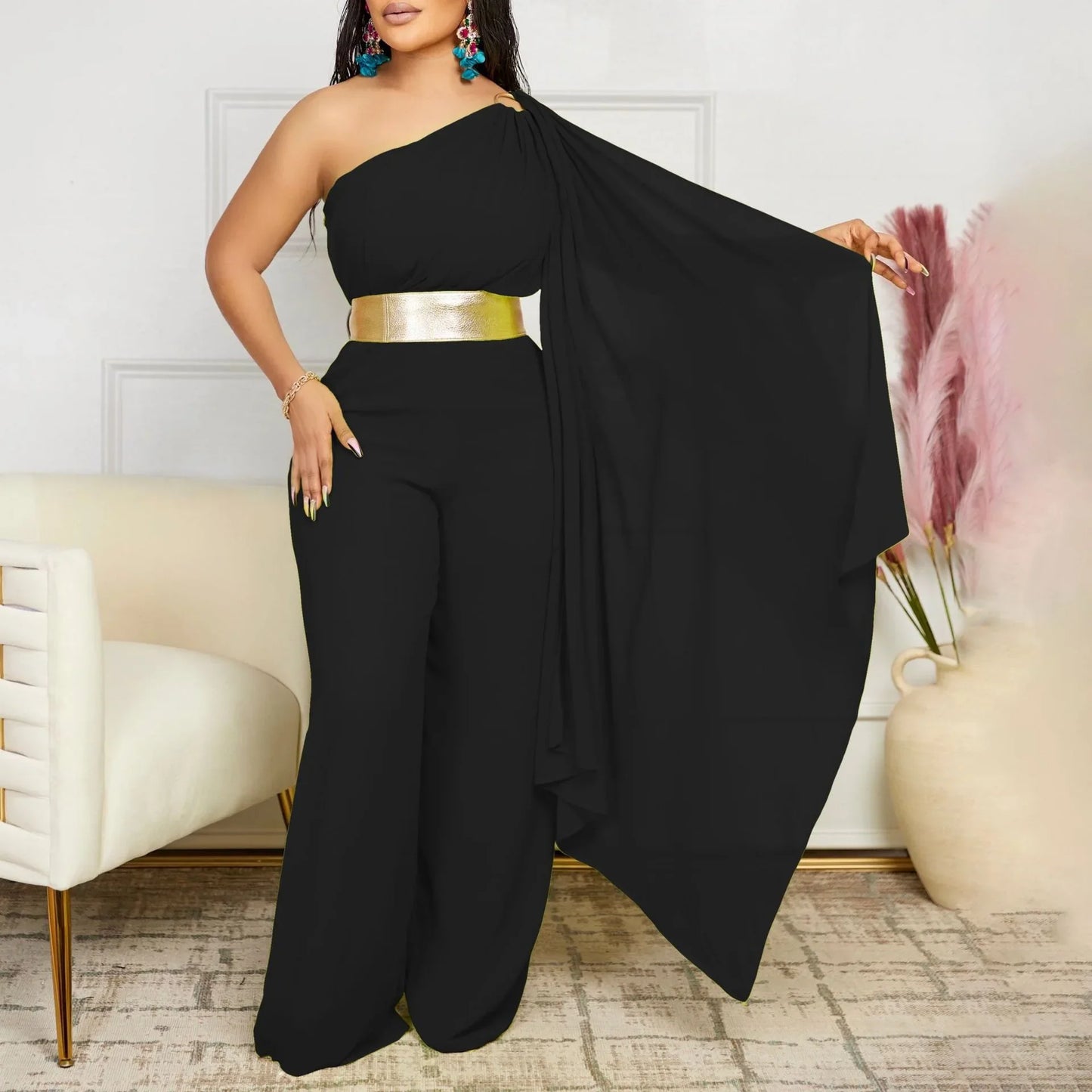 Versatile high-waisted jumpsuit available in sizes from S to XXXL, designed for all-season wear, exemplifying modern luxury fashion for women.