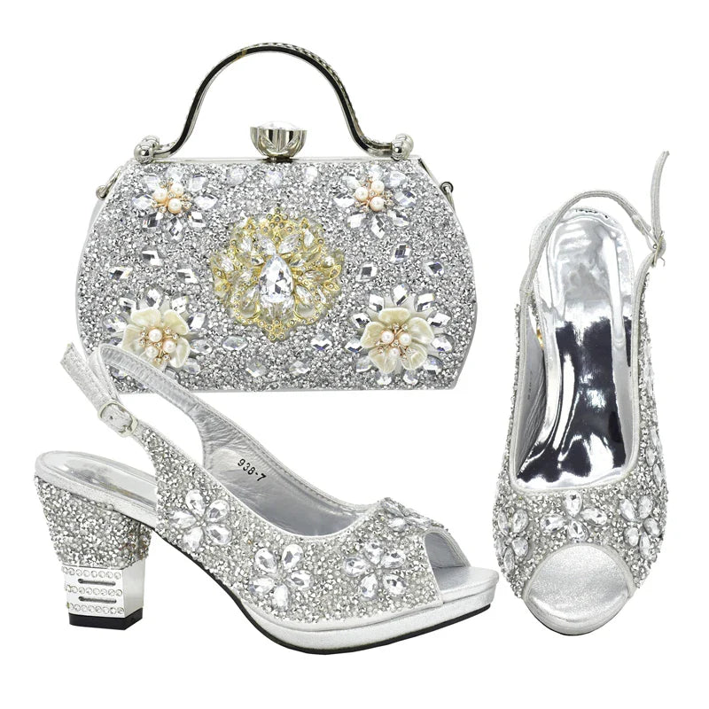Close-up of the stylish buckle strap and rhinestone detailing on the elegant Italian wedding shoes for women.