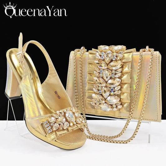 Elegant gold high heels for women adorned with rhinestones, perfect for luxury occasions and parties, available in sizes 38 to 43.