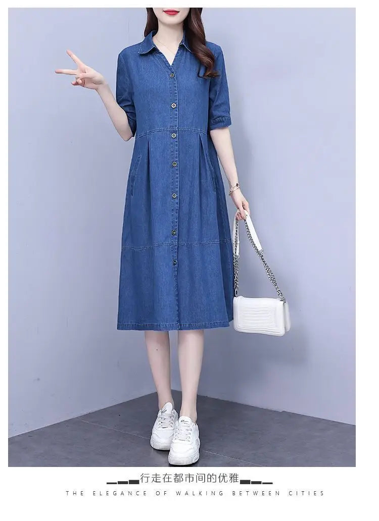 Stylish women’s oversized denim dress in 5XL, showcasing a chic square collar and practical pockets, ideal for summer outings.