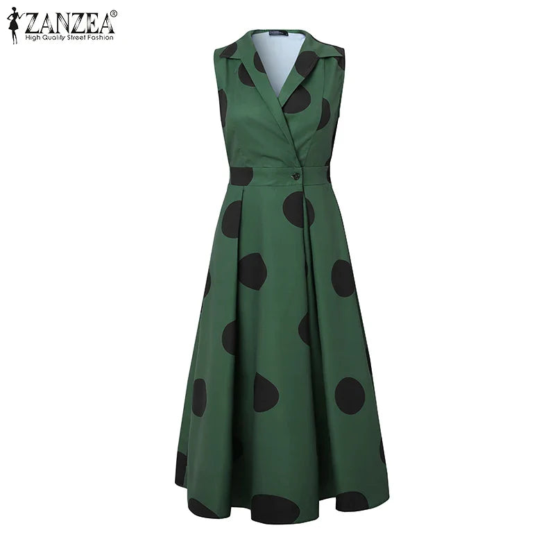 Elegant ZANZEA Polka Dot Maxi Dress displayed on a mannequin, perfect for spring and summer seasons, encapsulating classic luxury and comfort.